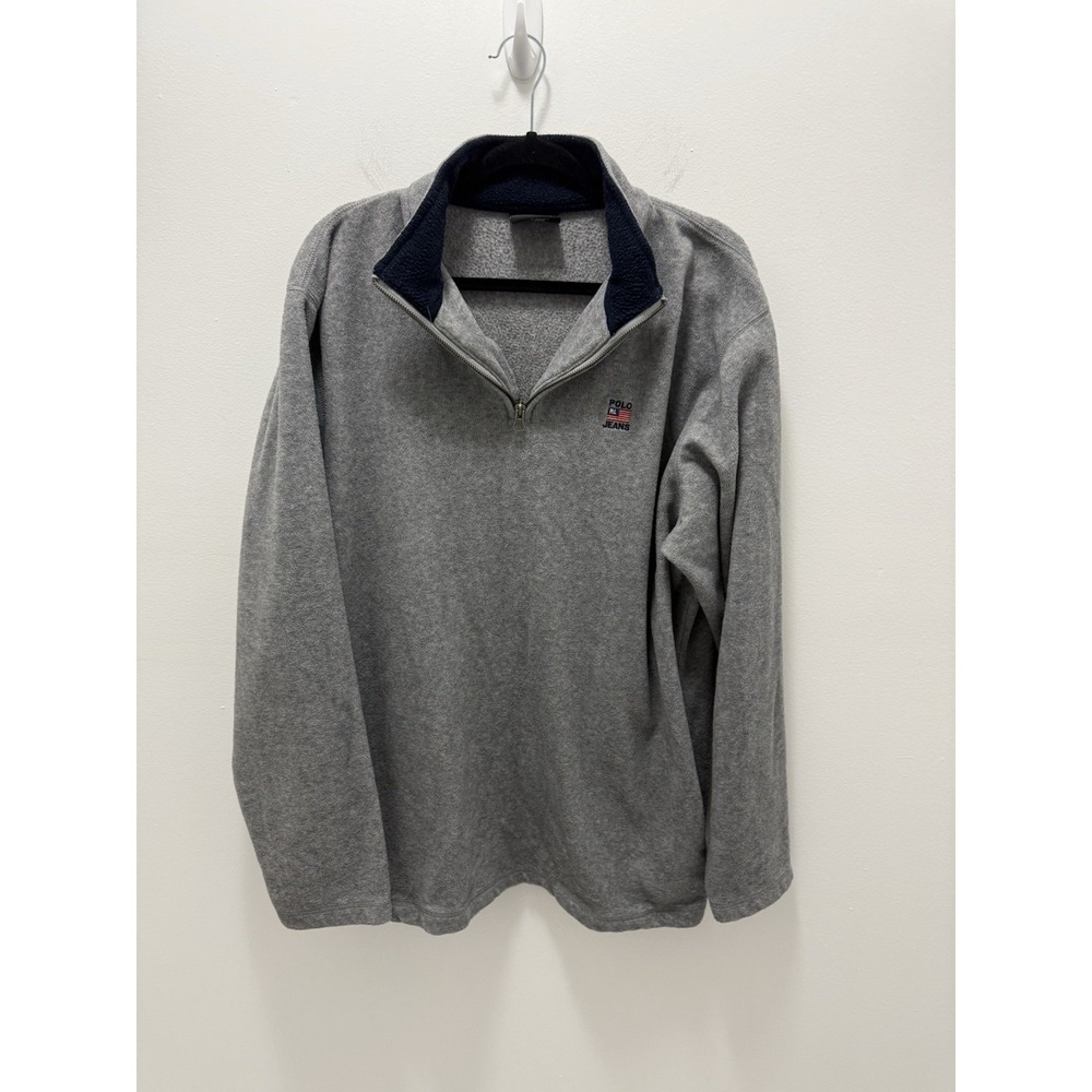 Polo Jeans Co Ralph Lauren XL Gray Fleece 1/4 Zip Pullover Y2K Flag Logo